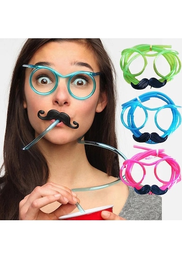 Pipetli Parti Gözlüğü - Çocuk Ve Yetişkin Bıyıklı Pipet Gözlük Kırmızı Renk 18x14 Cm