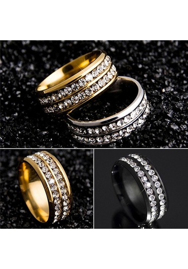 Altın Bayan Erkek Moda Çift Sıralı Rhinestones Titanyum Çelik Düğün Takı Yüzük 8 Altın