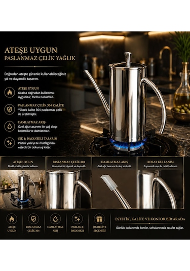 304 Lüks Paslanmaz Çelik Yağdanlık-demlik 700 Ml ,ateşe Uygun & Şık Sofra & Mutfak Kullanımı