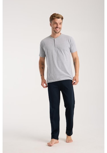 Akbeniz Erkek Gri Düğmeli Yaka Kısa Kol Pijama Takımı