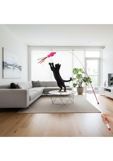 Runaway Balıklı Kedi Oyun Oltası 90 Cm Esnek Ve İnteraktif