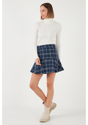 Lela Kareli Volanlı Mini Kışlık Bayan Etek 611Et00176W4 Indigo