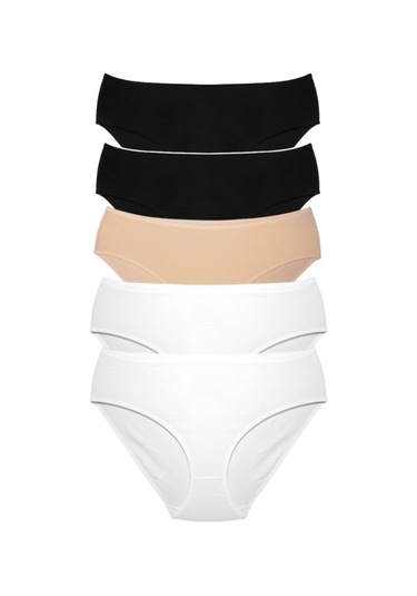 Alya Underwear Kadın Pamuklu Hipster - Slip Külot 5 Farklı Renk 1 Pakette Beyaz-siyah-ten P01