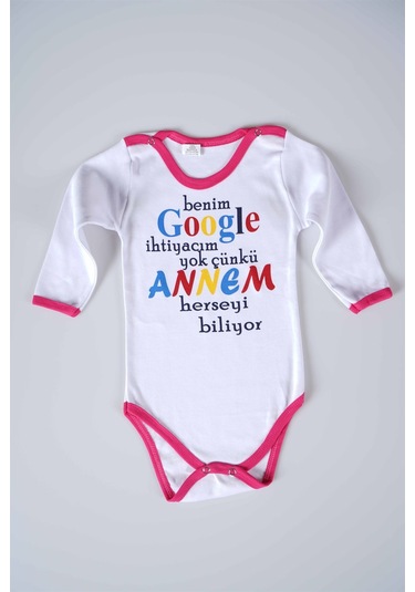 Yeni Sezon Google Annem Yazılı Bebek Çocuk Uzun Kol Pamuk Bady Zıbın Fuşya