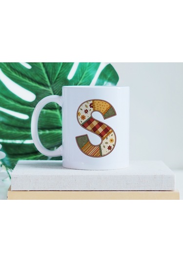 S Harfi Sonbahar Kış Temalı Yamalı Tasarım Kupa Bardak - Etnik Ve Pathwork Severlere Özel Hediye Beyaz