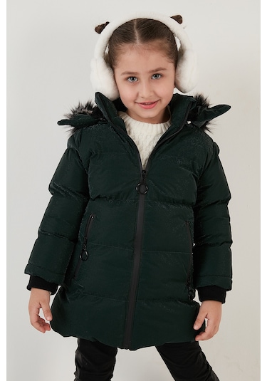 Lela Yakası Suni Kürklü Peluş Astarlı Çıkarılabilir Kapüşonlu Dar Kesim Kışlık Kız Çocuk Mont 5760002 Haki