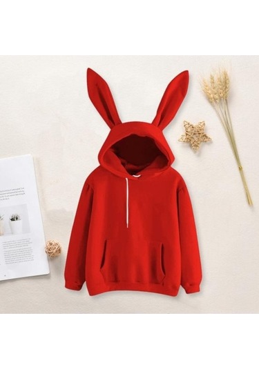 Novahub Kırmızı Kadın Kapüşonlu Sweatshirt - Tavşan Kulak Dekorlu, Uzun Kollu, Rahat Kışlık Üst Kırmızı