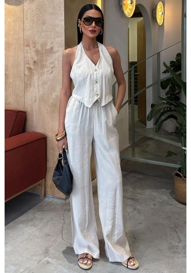 Halter Yaka Yelekli Modal Takım 10144 Altın