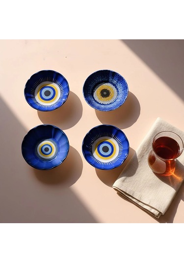 Fecra Acem 6'lı Nazarı Çay Tabağı Seti Karma Mavi
