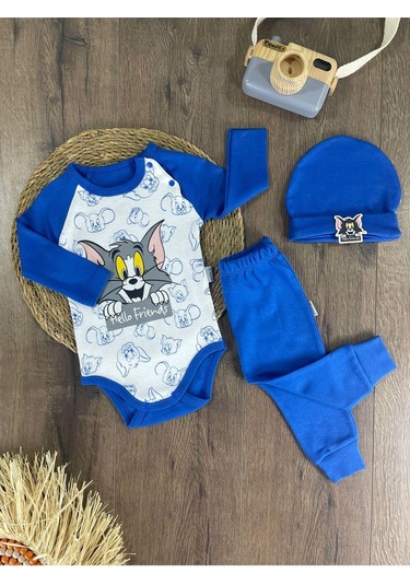2d2b Hello Friends Alttan Çıtçıtlı Bereli Unisex 3lü Bebek Takım Mavi