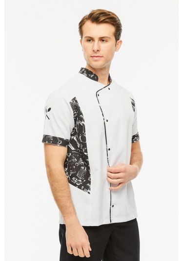 Uniprom Kısa Kollu Aşçı Ceketi Önlük Nakışlı Cepli Şef, Garson Beyaz-siyah