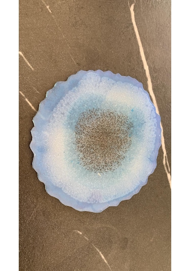 Deniz Mavi Tonlu Siyah Sim Dalgalı Yuvarlak Epoksi Bardak Altlığı Mavi