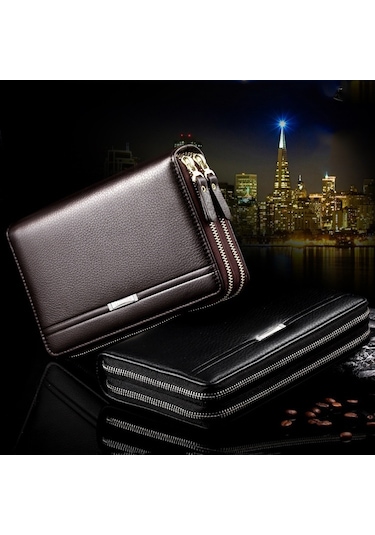 Sones Leınasen A80 Çoklu Kart Erkek El Çantası Çift Fermuarlı Büyük Kapasiteli Cüzdan Siyah