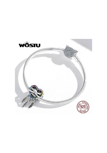 Wostu Açacağı Renkli Rhinestones Kalp Şeklinde Dreamcatcher 925 Ayar Gümüş Göz Alıcı Boncuk Fit Orijinal Bilezik Bileklik Dıy Güzel Takı Gümüş