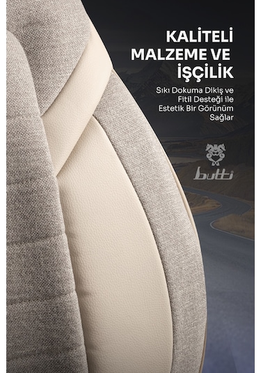 Bej - Bej Butti Lino Serisi Keten Kumaş Premium Oto Koltuk Kılıfı Ortopedik Destekli, Ön Arka Tam Set