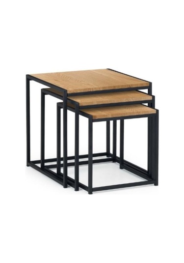 Chev 3'lü Retro Metal Doğal Ahşap Zigon Sehpa Siyah