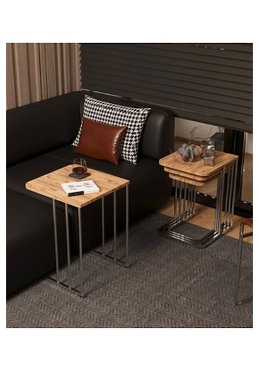 Tekerlekli Gümüş Ayaklı 4 Lü Zigon Sehpa Takımı, Yan Sehpa, Çay Sehpası Servis Sehpası - Kahverengi Kahverengi