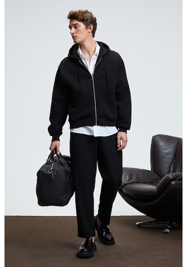 ASHBY Erkek Kapüşonlu Fermuarlı Cepli Kordonlu Regular Fit Siyah Sweatshirt
