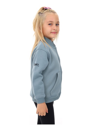 Toontoy Kız Çocuk Dik Yaka Fermuarlı Cepli Nakış Baskılı Örme Hırka - 2 İplik Şardonlu Açık Mavi