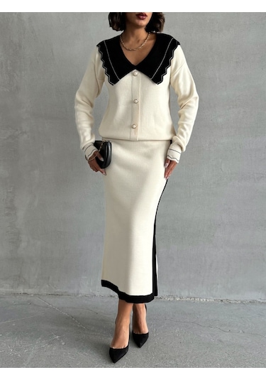 Kadın Bebe Yaka Triko Takım Ekru