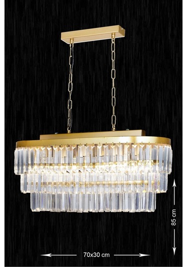 Linsa 70x30 Cm'lik Kristal Cam Taşlı Yemek Masası Üstü Lüks Avize - Sarı Yaldız Sarı Yaldız