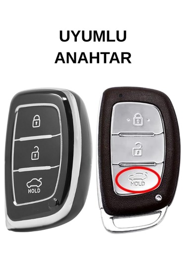 Hyundai Accent Kona Santa Fe İoniq Solaris Elentra İ10 İ40 İx30 İx35 3 Buton Nano Anahtar Kılıfı Siyah-gümüş