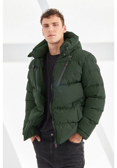 Delpino Su Ve Rüzgar Geçirmez Kapüşonlu Şişme Haki Erkek Mont 2183 Haki