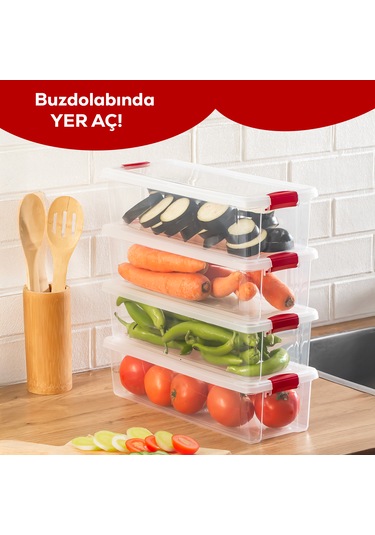 Porsima 456-4 4 Lü 3,4 Lt Kilitli Kapaklı Yiyecek Erzak Saklama Kabı Seti - Buzdolabı Düzenleyici Organizeri Şeffaf