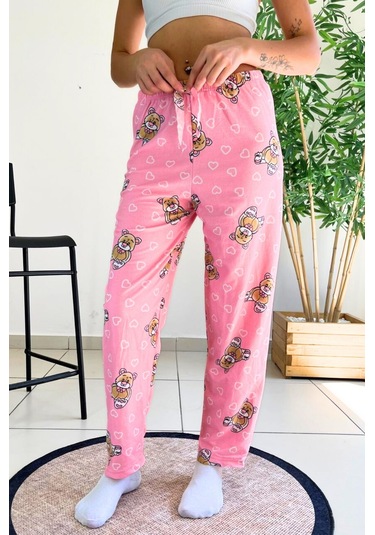 Dreamy Soft Kadife Dokulu Ayıcık Desenli Süet Pijama Altı Pantolon Pembe