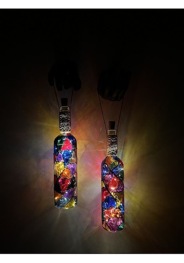 Siyah Renkli Erkek Eli Heykeli Ve Tıpa Peri Led Işıklı Vitray Cam Çok Renkli