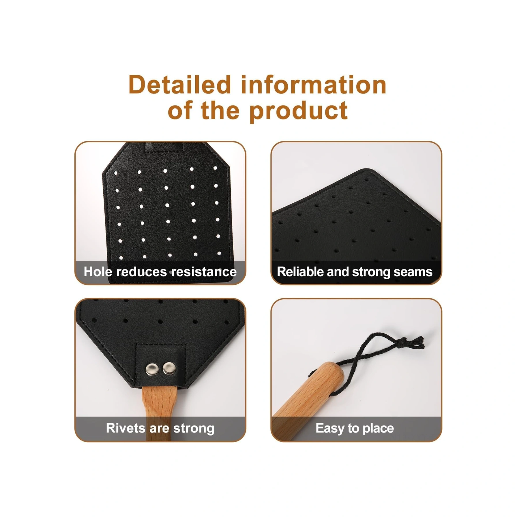 Yaleker 2 Adet Siyah Deri Ve Ahşap Uçlu Dayanıklı Sinek Vuruğu, Uzun Saplı El Yakalama Kolu Siyah