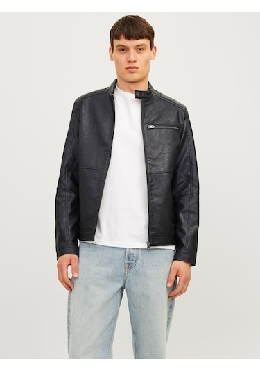 Jack Jones Erkek Siyah Renk Bıker Deri Ceket 12261196 Siyah