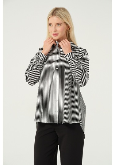 Basic Oversize Çizgili Gömlek Hipnotize Çok Renkli