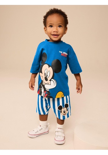 Erkek Çocuk Mickey Çizgili Şortlu Takım Mavi