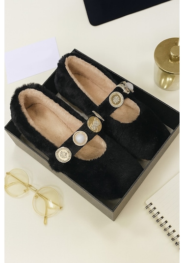 Zera Home Kadın Ev Babeti Kışlık İçi Yünlü Ev Ayakkabısı Panduf Siyah