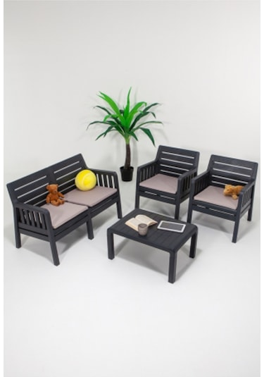 Lara 2 1 1 S Bahçe Takımı Balkon - Bahçe - Teras Mobilyası / Antrasit Gri