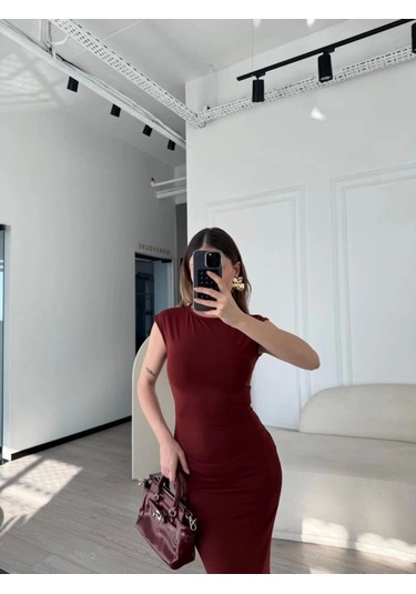 Kolsuz Uzun Likralı Elbise - Bordo Bordo