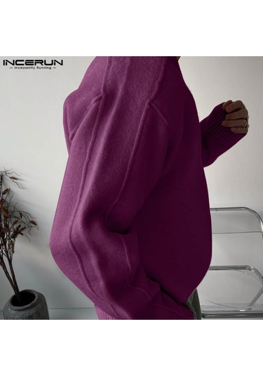 Incerun Erkek Sonbahar Kalın Yünlü Örme Kazaklar Düz Renk Yüksek Alçak Kazaklar Mor