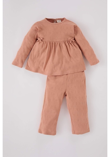 DeFacto Kız Bebek Pijama Takımı Uzun Kollu Ribana Üst Uzun Alt D7168A524WNBN564 Kahve