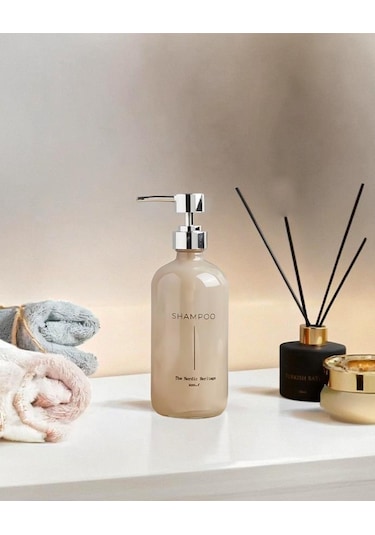 Büyük Boy Cam Sıvı Sabunluk - Dekoratif Cam Şampuanlık - 500 Ml - 21x7 001