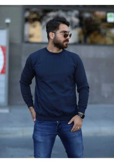 Unisex Bisiklet Yaka Basic Düz Sweatshirt Lacivert