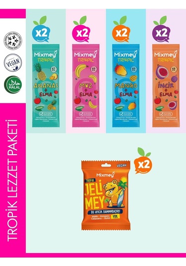 Mixmey Tropik Lezzet Paketi – 10 Adet | Tropik Meyve Bar Jelimey – Sağlıklı Atıştırmalıklar (10 ADET)