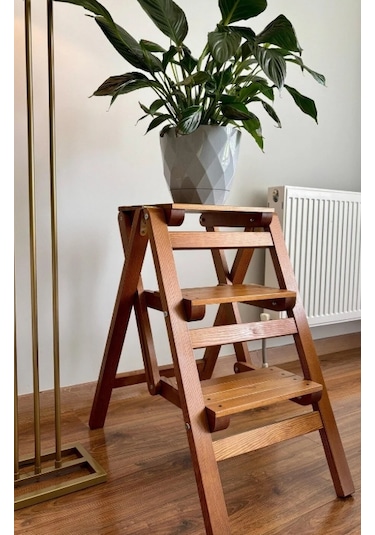 Ahşap Merdiven Tabure Katlanır Ceviz Renk 3 Basamaklı Ceviz
