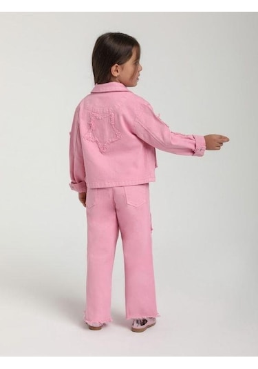 Kız Çocuk Yıldız İşlemeli Cep Detaylı Tasarım Pembe Kot Ceket-15651 Pembe