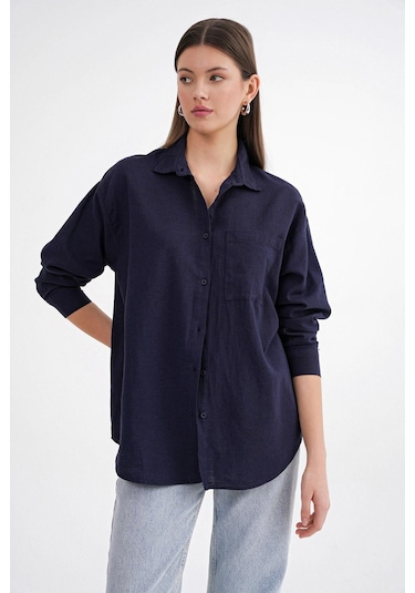 Mixray 4670 Kadın Cepli Oversize Basic Keten Gömlek Lacivert