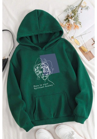 Minimal Line Drawing Baskılı Sweatshirt Yeşil