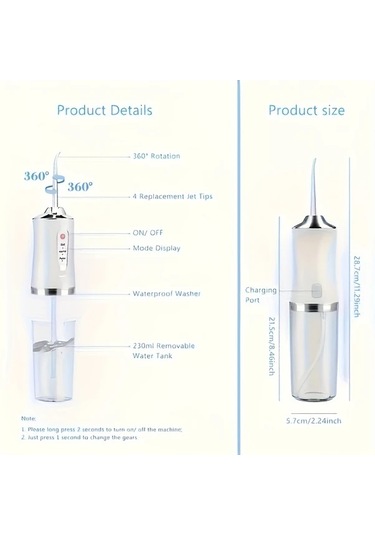 Willowhaven Yeşil Şarj Edilebilir Su Diş İpi 4 Jet Başlıklı Usb Şarj Taşınabilir Diş Temizleyici