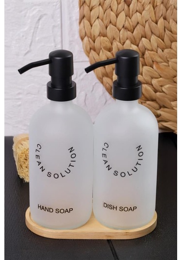 2'li Sablaj Cam Beyaz Sıvı Sabunluk Seti Standlı Beyaz