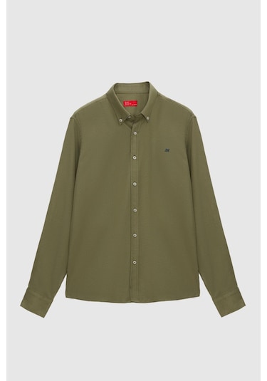 Ds Damat Slim Fit Haki Oxford Düğmeli Yaka Kolay Ütülenebilir Nakış Detaylı Pamuklu Gömlek 4hc02ort03265 H01