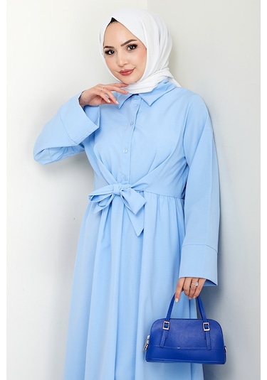 Renda Belden Bağlamalı Elbise 1467 - Bebe Mavisi Bebe Mavisi